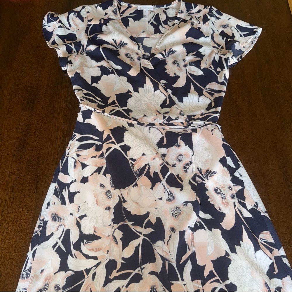 Leith Midi Floral Wrap Dress Short Sleeve Blue Pink Size Small V Neck